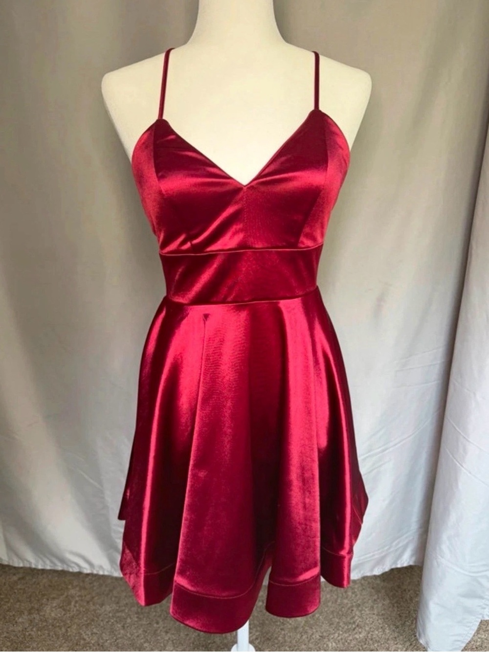 Satin Spaghetti-Strap Mini Dress in Deep Red